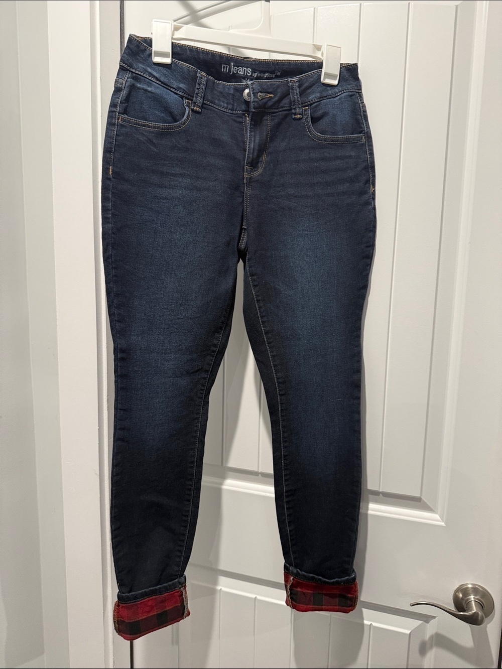 Maurices Dark Blue Slim Jeans with Red Plaid Cuff